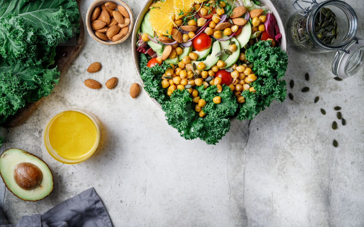 Food background with healthy vegetarian salad and ingredient  Top view  place for text