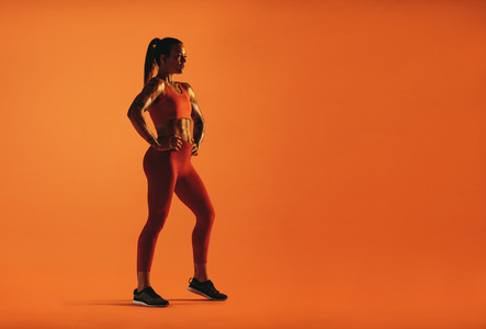 Fit woman working out on orange background