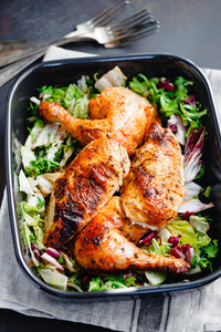 Top view of roasted chicken legs and breasts served with fresh salad and mushrooms in black pan