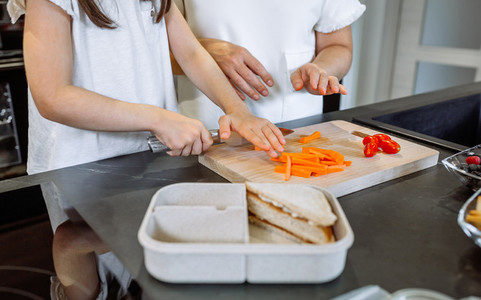 Unrecognizable mother teaching her daughter to cut vegetables for lunch box