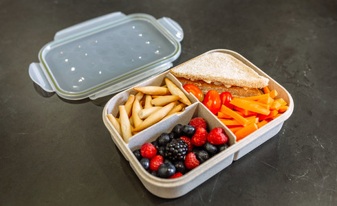 Lunch box filled with healthy food