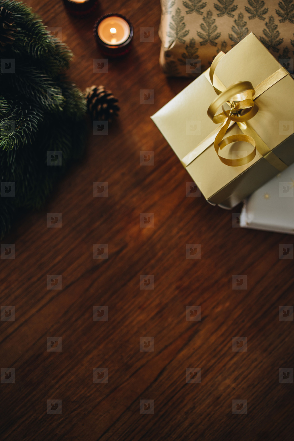 Decorative Christmas things on wooden table