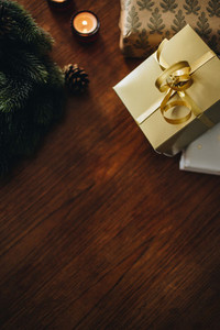 Decorative Christmas things on wooden table