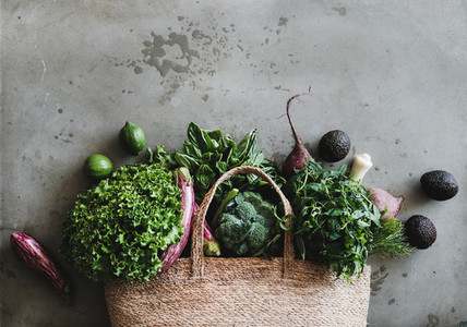Shopping bag with healthy fresh vegetables and greens from market