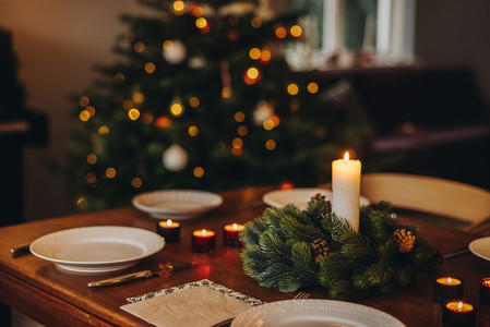 Scandinavian home decorated for Christmas eve dinner