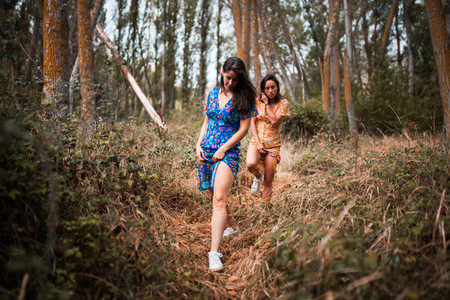 Two young lesbians walking holding hand in the woods wearing long dresses