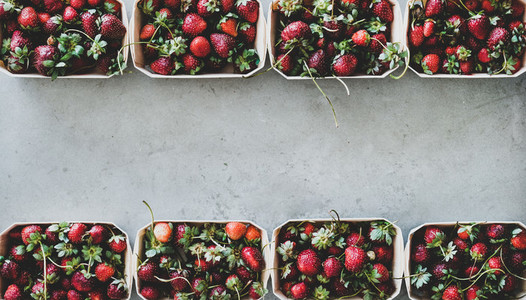 Fresh strawberries in plastic free containers over concrete background  copy space