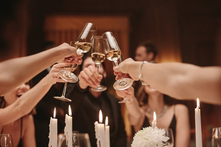 Group of friends toasting champagne at a dinner party
