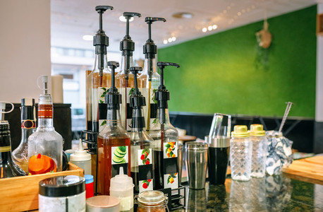 Bar counter with bottles for cocktails
