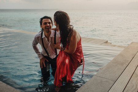 Romantic couple on honeymoon vacation at a sea resort