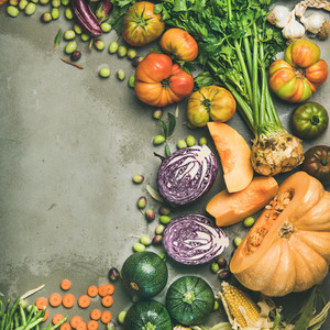 Healthy vegetarian seasonal Fall food cooking background with vegetables