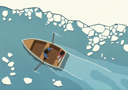 Couple in rowboat among melting icebergs on sea
