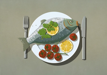 Whole fish and tomatoes on dinner plate