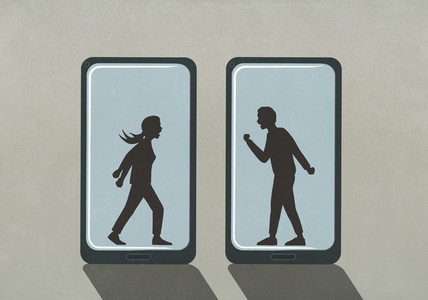 Silhouette of couple fighting on smart phone screens