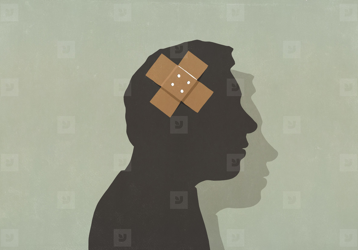 Adhesive bandage over silhouette of mans brain