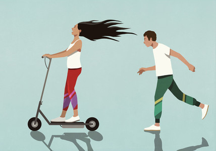 Boyfriend running behind carefree girlfriend on electric scooter