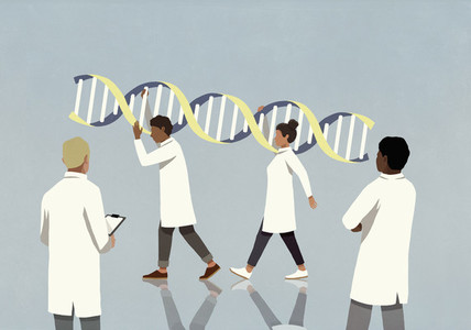 Doctors in lab coats carrying large double helix