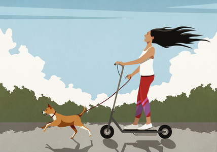Carefree woman riding electric scooter with running dog