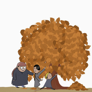 Kashmiri family playing under autumn tree
