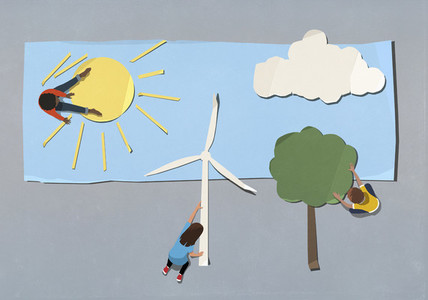 Kids arranging environment and wind turbine symbols