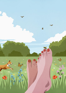 POV carefree barefoot woman relaxing in sunny idyllic spring meadow