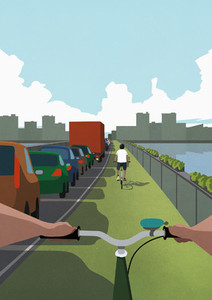 POV bicycles in green lane passing cars in urban traffic jam