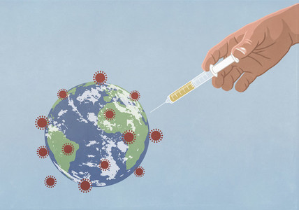 Hand injecting coronavirus globe with vaccination syringe