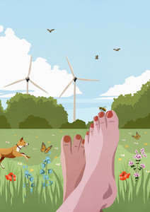 POV carefree barefoot woman relaxing in sunny idyllic spring meadow with wind turbines