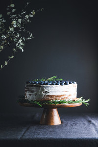 Chocolate layer cake with fresh blueberry decorated rosemary branch on a wooden tray in a dark interior
