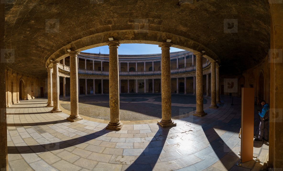 Granada, Spain, December 13th 2020. Courtyard of the Palace of Carlos V in the Alhambra in Granada