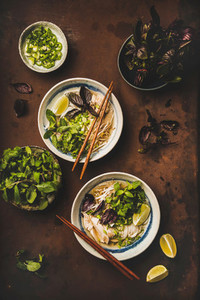 Flat lay of Vietnamese lunch with chicken soup Pho Ga