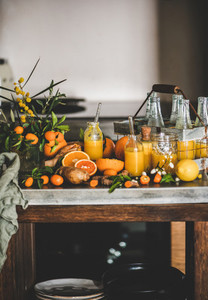 Fresh fruit vitamin immune boosting drink over kitchen counter