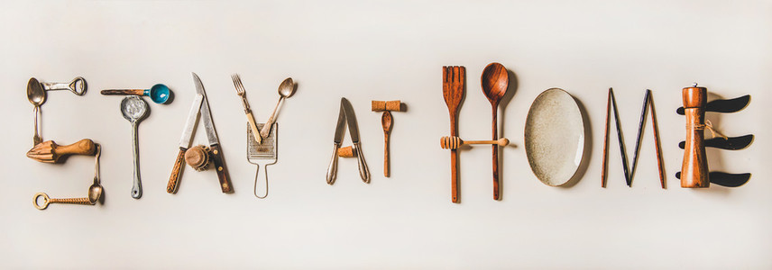 Stay at home lettering made from kitchen utensils during coronavirus