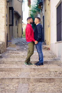 Gay couple in a romantic moment in the street