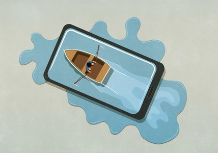 Man rowing boat in water spilling from smart phone