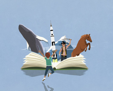 Imaginative boy and girl reading adventure book