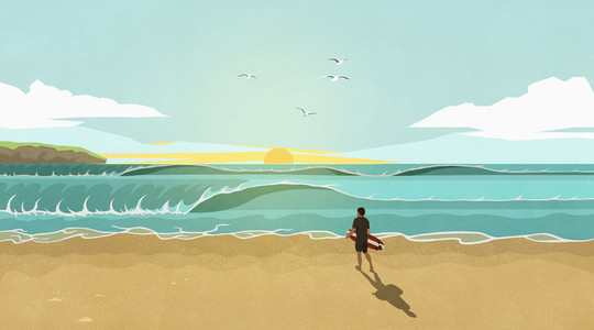 Man with surfboard watching waves on sunny idyllic summer beach