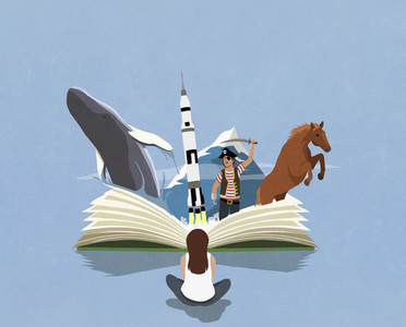 Imaginative girl reading adventure travel book