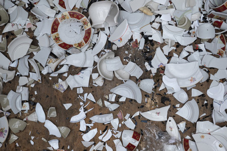 Broken dishes scattered on floor