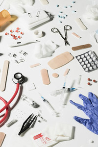 Variety of medical supplies on white background