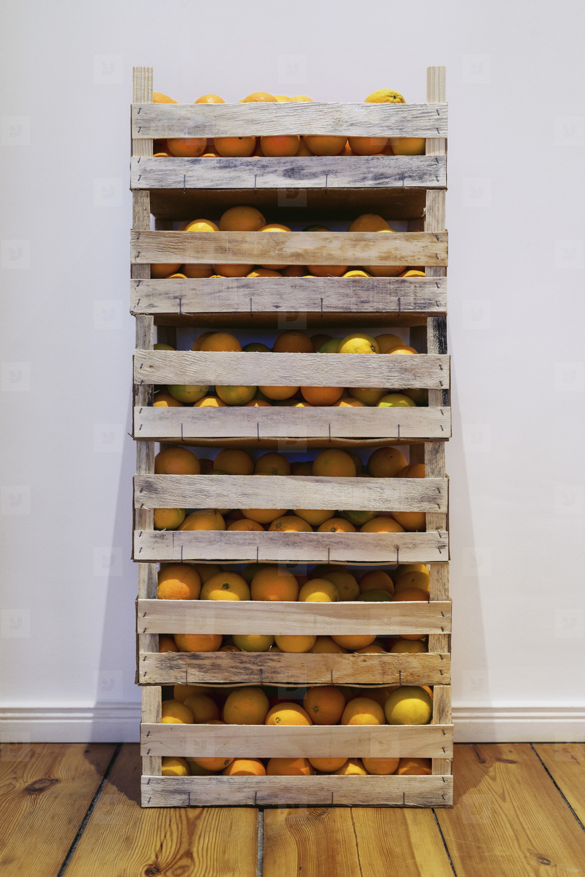 Crates of fresh harvested oranges stacked against wall