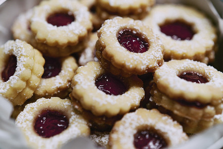 Close up fresh baked Linzer cookies