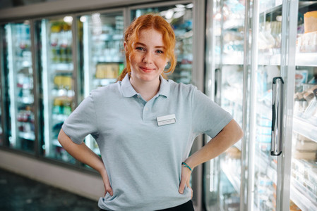 Woman on holiday job at supermarket