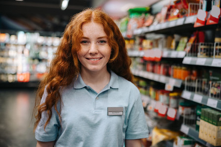 Woman on part time job at grocery store