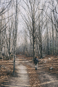young woman relaxing walking through a forest in winter