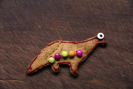 Cute decorated dinosaur gingerbread cookie