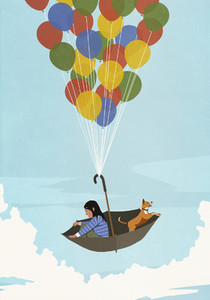 Girl and dog floating in balloon umbrella in blue sky