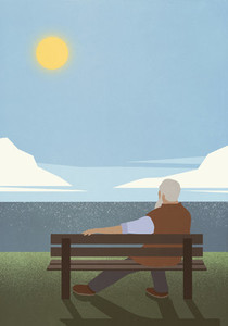 Serene senior man on bench enjoying idyllic sunny lake view