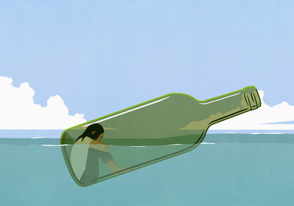 Depressed woman inside glass bottle floating in sea