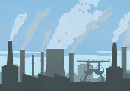 Pollution smoke emitting from factory smokestacks